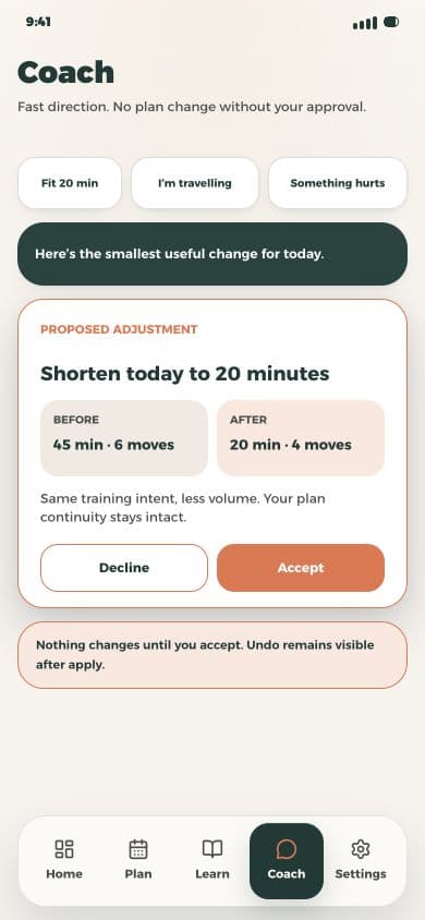 24/7 Fit Coach proposing a transparent workout adjustment