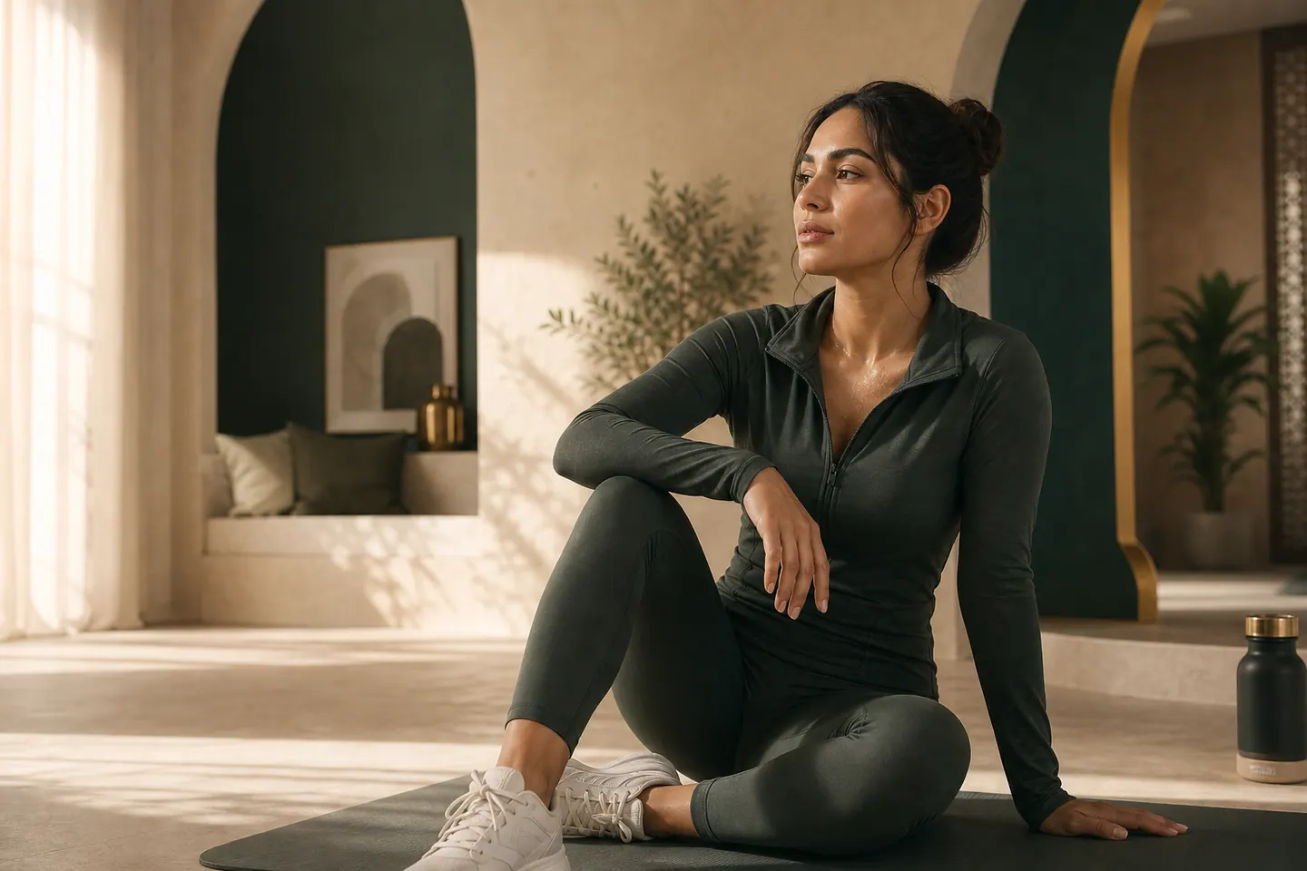 A woman following a guided workout at home
